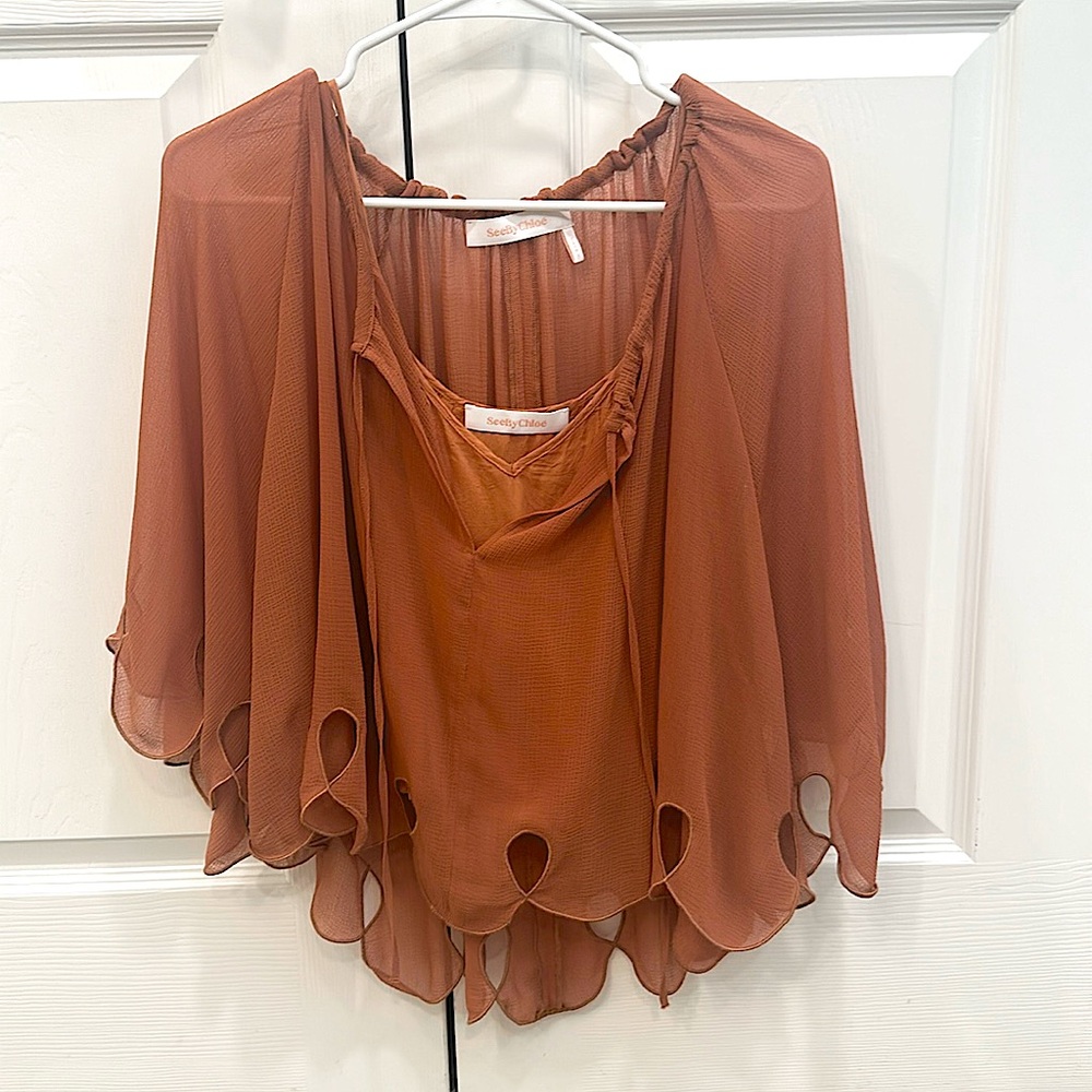 See by Chloe sheer taupe blouse. Size: 36 FR/4 US. Color: taupe/tan.